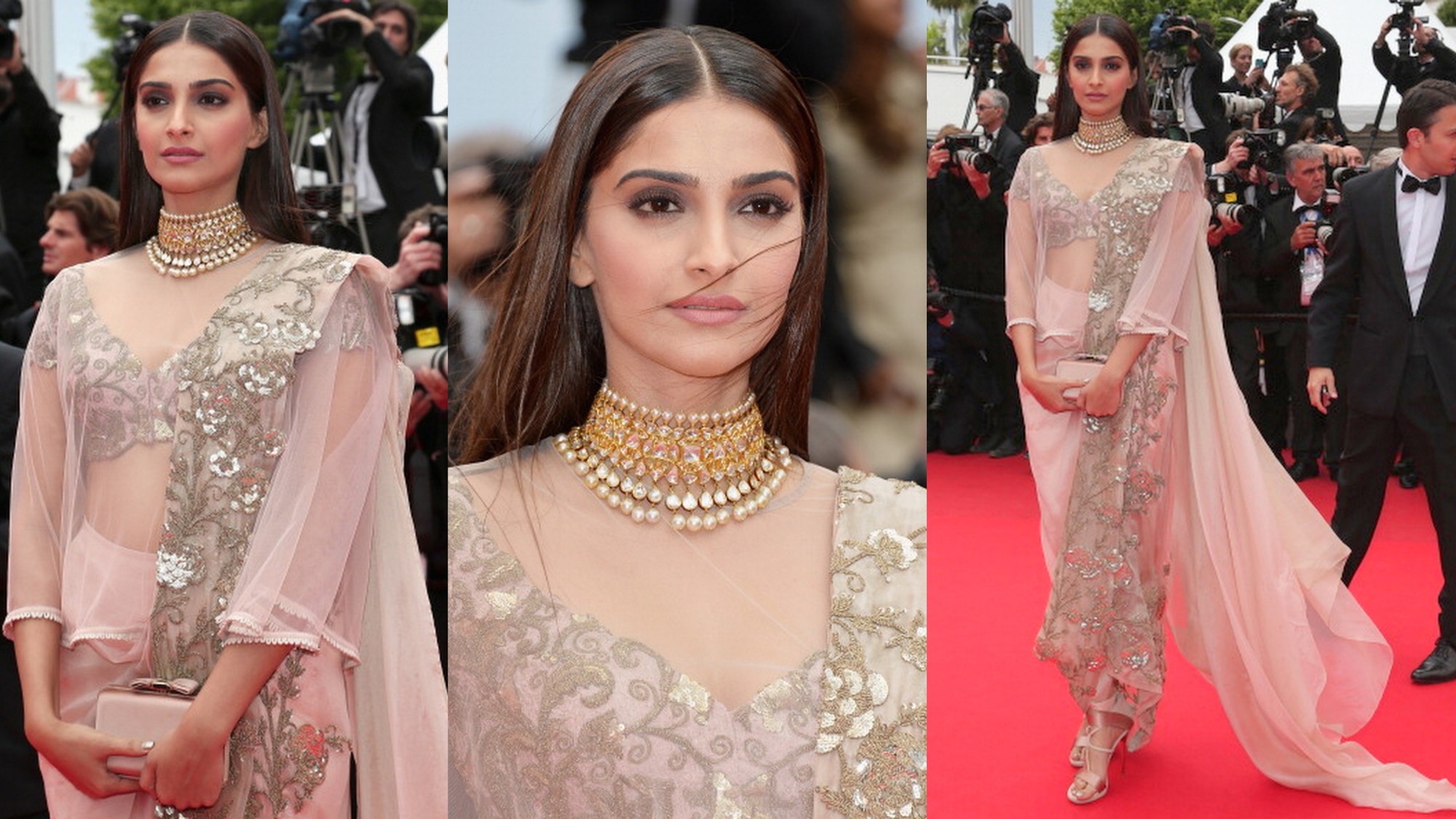 Sonam Kapoor yet again in a quirkily draped, pale pink saree – in 2014