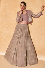 Rose Golden Georgette Sequin Embroidered Crop Top Jacket with Skirt