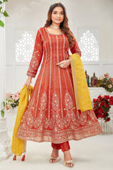 Rust Orange Organza Tissue Silk Sequin Embroidery Worked Anarkali Suit