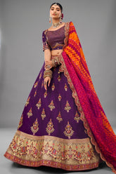 Purple Embroidered Butta Lehenga in Viscose with Elephant Motifs On Golden Border - red viscose saree embroidered