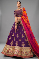 Purple Embroidered Butta Lehenga in Viscose with Elephant Motifs On Golden Border