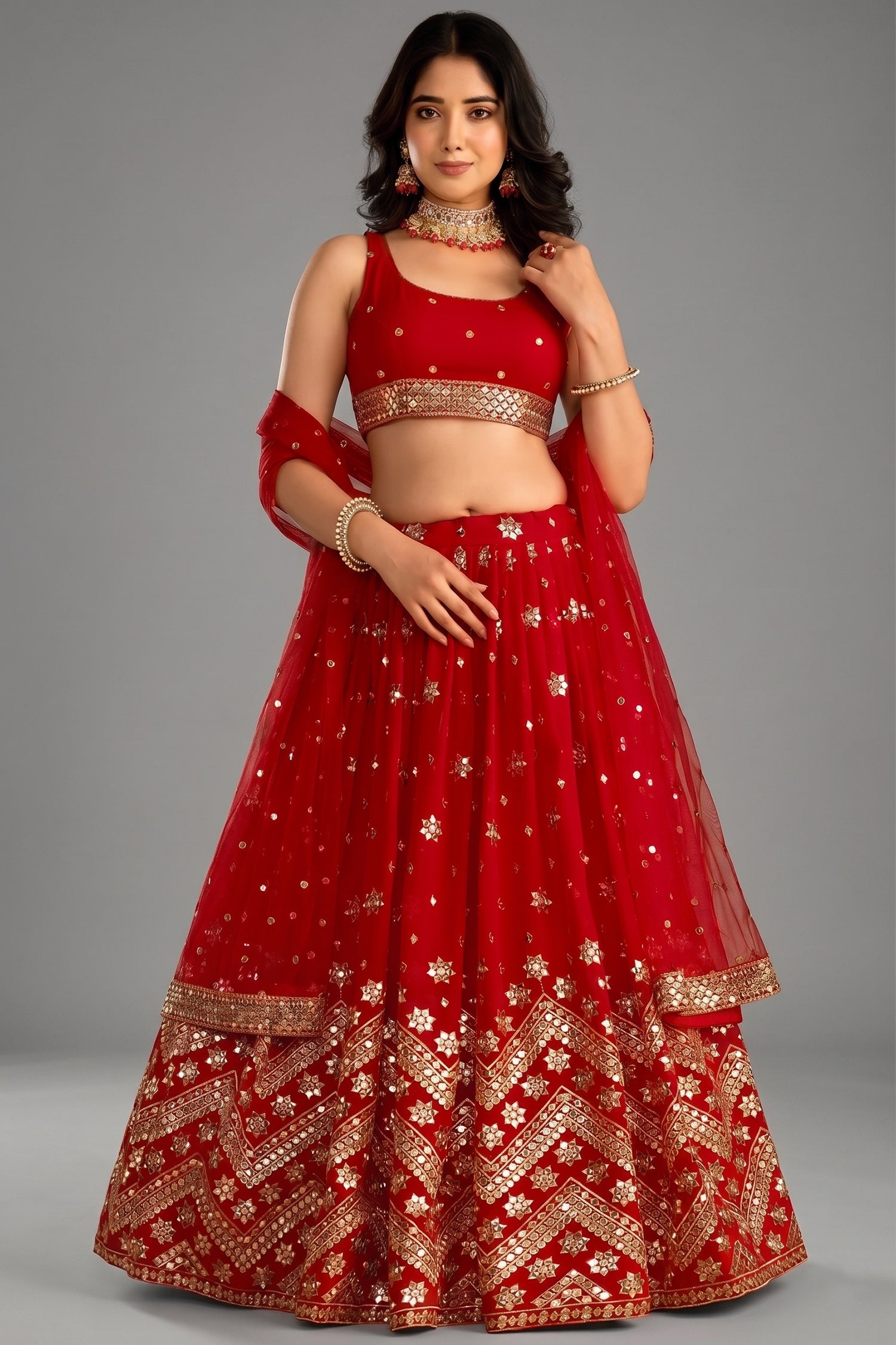 Red Georgette Lehenga with Chevron Sequin Border - red georgette saree