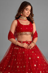 Red Georgette Lehenga with Chevron Sequin Border - red georgette saree