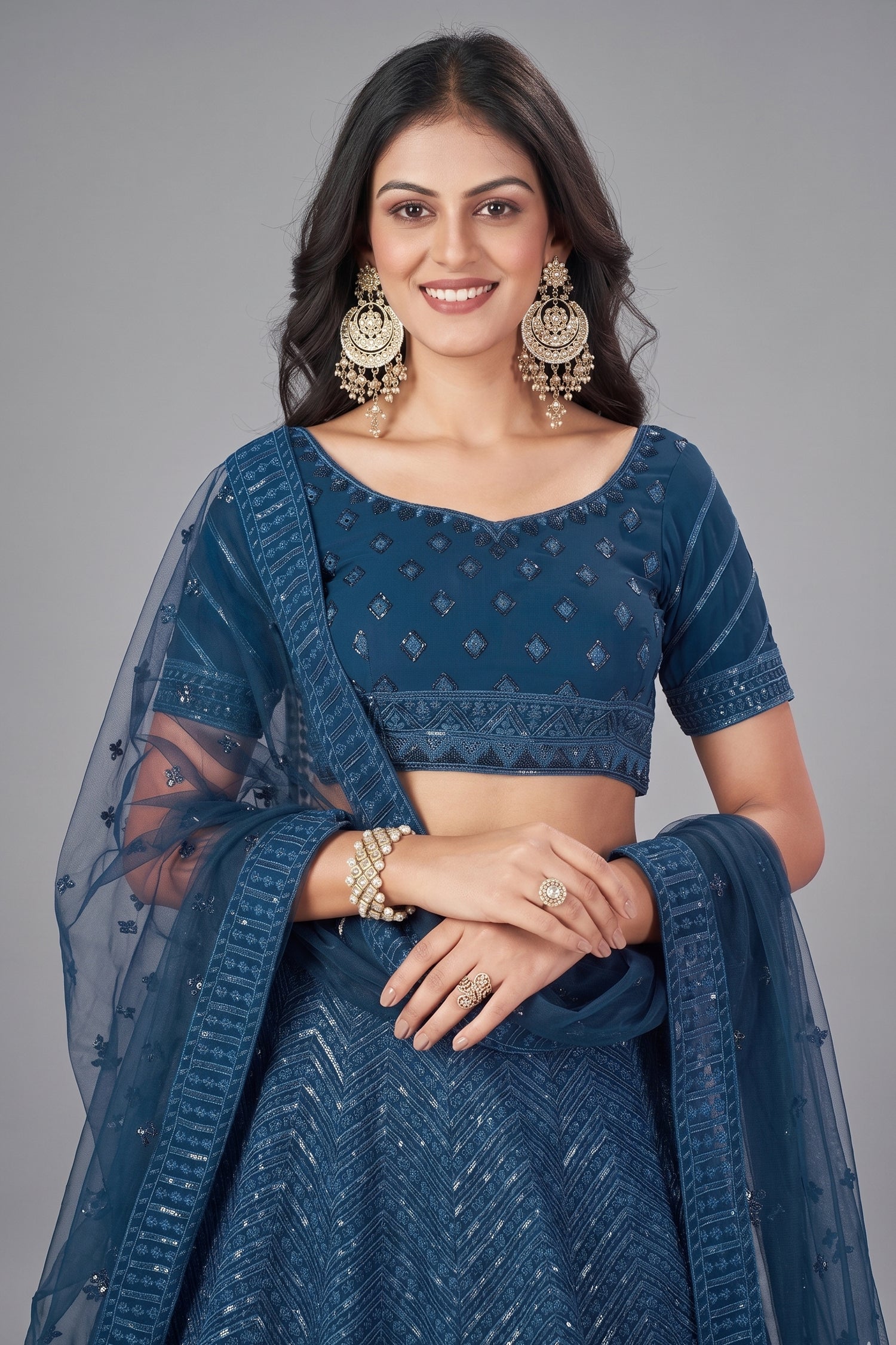 Rama Blue Georgette Sequin Embroidered Lehenga - red georgette saree embroidered