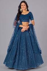 Rama Blue Georgette Sequin Embroidered Lehenga - red georgette saree embroidered
