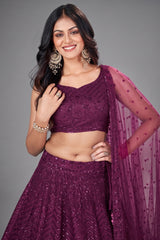 Wine Net Sequinned Lehenga