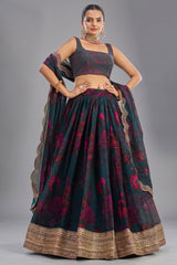 Teal Green Organza Floral Printed Lehenga with Sequins Border