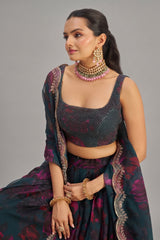 Teal Green Organza Floral Printed Lehenga with Sequins Border