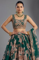Dark Green Organza Floral Printed Lehenga with Sequins Border - green organza saree