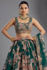 Dark Green Organza Floral Printed Lehenga with Sequins Border