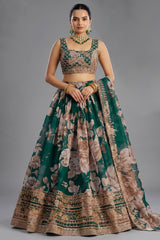 Dark Green Organza Floral Printed Lehenga with Sequins Border