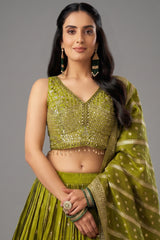 Green Ombre Chinon Sequin Embroidered Pleated Lehenga - red saree embroidered