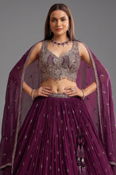 Wine Purple Georgette Sequin Embroidered Pleated Flared Lehenga - red georgette saree embroidered
