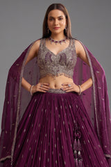 Wine Purple Georgette Sequin Embroidered Pleated Flared Lehenga - red georgette saree embroidered