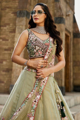 Green Net Designer Floral Embroidery and Sequin Worked Flared Lehenga