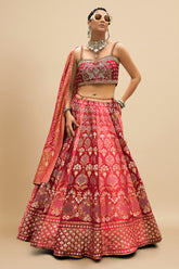 Pink and Maroon Ombre Silk Traditional Woven Lehenga with Bandhej Dupatta