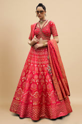 Red and Pink Ombre Silk Woven Traditional Lehenga
