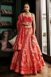 Red Silk Floral and Chevron Woven Lehenga