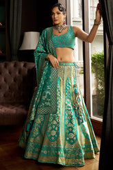 Sea Green Silk Floral and Chevron Design Woven Lehenga