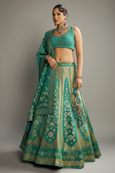 Sea Green Silk Floral and Chevron Design Woven Lehenga