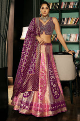Wine Purple Silk Floral and Chevron Design Woven Lehenga
