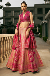Pink Silk Floral Woven Lehenga