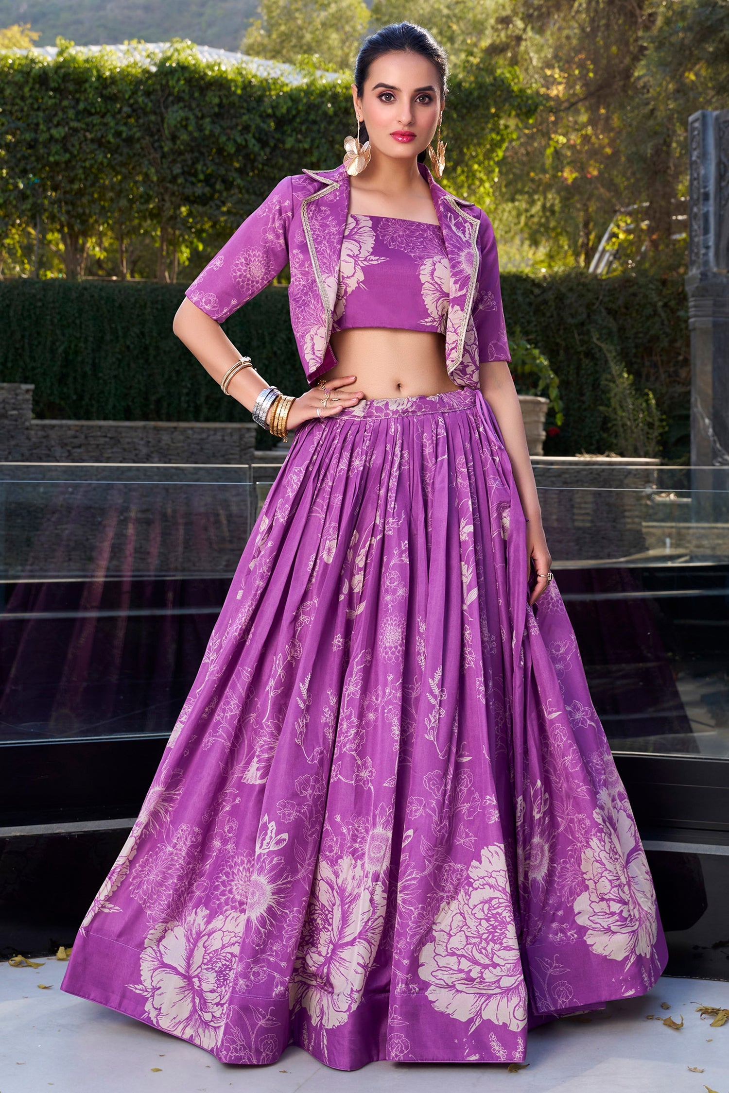 Crop Top Lehenga With Jacket Purple Tussar Silk Floral Printed