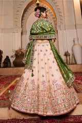 Peach Tissue Mirror Embroidery Lehenga