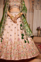 Peach Tissue Mirror Embroidery Lehenga