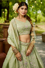 Lime Green Tissue Sequin Embroidered Lehenga