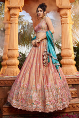 Nude Peach Georgette Sequins Embroidery Lehenga