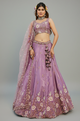 Mauve Purple Satin Floral Sequin Embroidered Lehenga