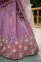 Mauve Purple Satin Floral Sequin Embroidered Lehenga
