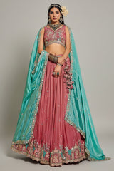 Pink Satin Sequin Embroidery Lehenga
