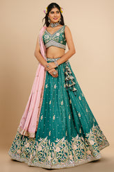 Teal Green Chinon Sequin Embroidery Lehenga
