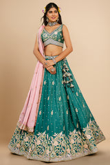 Teal Green Chinon Sequin Embroidery Lehenga