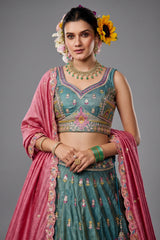 Sea Green Tissue Sequin Embroidery Lehenga - green saree embroidery
