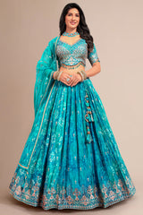 Turquoise Blue Chinon Printed Lehenga with Sequin Embroidery Work