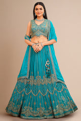 Turquoise Blue Georgette Embroidered Flared Lehenga