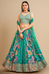 Turquoise Green Crepe Silk Floral Printed Lehenga with Sequin Embroidery