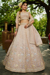 Nude Peach Georgette Crush Silk Embroidered and Sequin Worked Lehenga