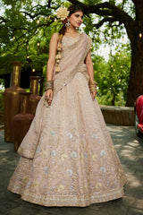 Nude Peach Georgette Crush Silk Embroidered and Sequin Worked Lehenga