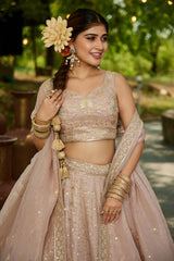 Nude Peach Georgette Crush Silk Embroidered and Sequin Worked Lehenga
