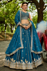 Teal Blue Georgette Sequin Embroidered Lehenga