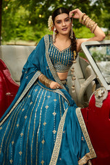 Teal Blue Georgette Sequin Embroidered Lehenga