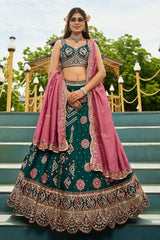 Bottle Green Georgette All Over Sequin Embroidered Lehenga