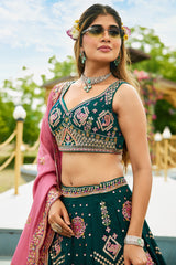 Bottle Green Georgette All Over Sequin Embroidered Lehenga