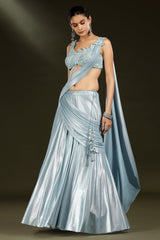 Blue Imported Crepe Silk Lehenga with Embellished Blouse and Attached Dupatta