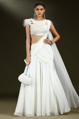 Pearl White Georgette Lehenga with Embellished Crop Top and Attached Dupatta