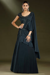 Dark Blue Imported Lycra Lehenga with Embellished Blouse and Attached Dupatta